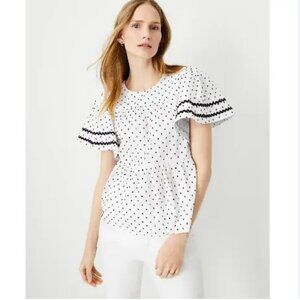 Ann Taylor 100% Cotton White Polka Dot Top